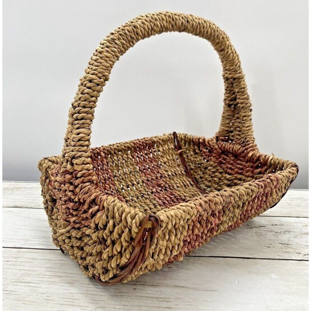 Vintage Natural & Red Bamboo Wicker Rattan Decorative Storage Basket W/Handle